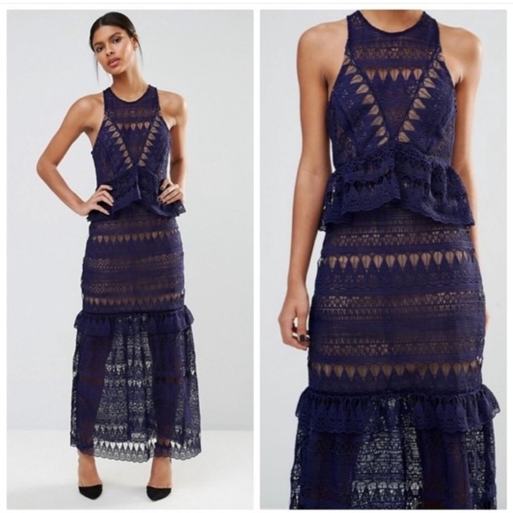 Self-Portrait Teardrop Guipure Paneled Maxi Dress in Navy Blue Structure Size 10 - Picture 4 of 17